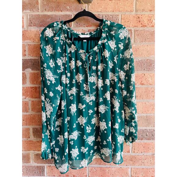 LC Lauren Conrad Tops - LC Lauren Conrad Women's Green Floral Tie Neck Long Sleeve Blouse Tops Size XXL
